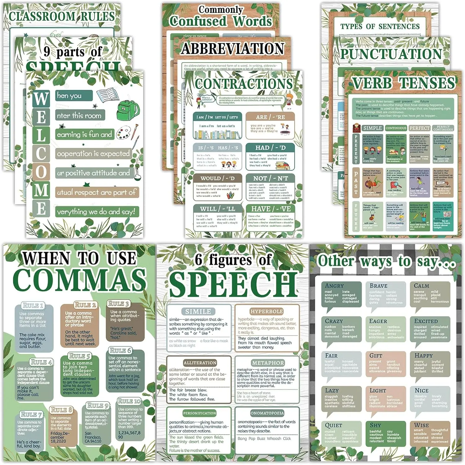 12 count Educational English Grammar Poster Classroom Decoration Parts of Speech Chart Posters English Bulletin Board for Teachers Middle High School Supplies Classroom  Haves(Eucalyptus)