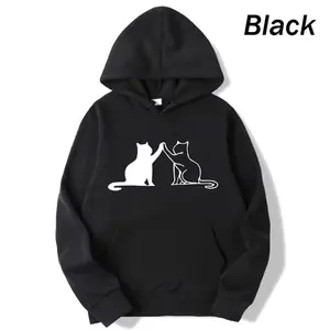 Black cute cat pattern hooded sweatshirt, suitable for spring, autumn and winter. Long-sleeved loose pullover design. Women's casual sporty comfortable hooded pullover.comfort hoodie comfort hoodies essential hoodie sweatshirts for women