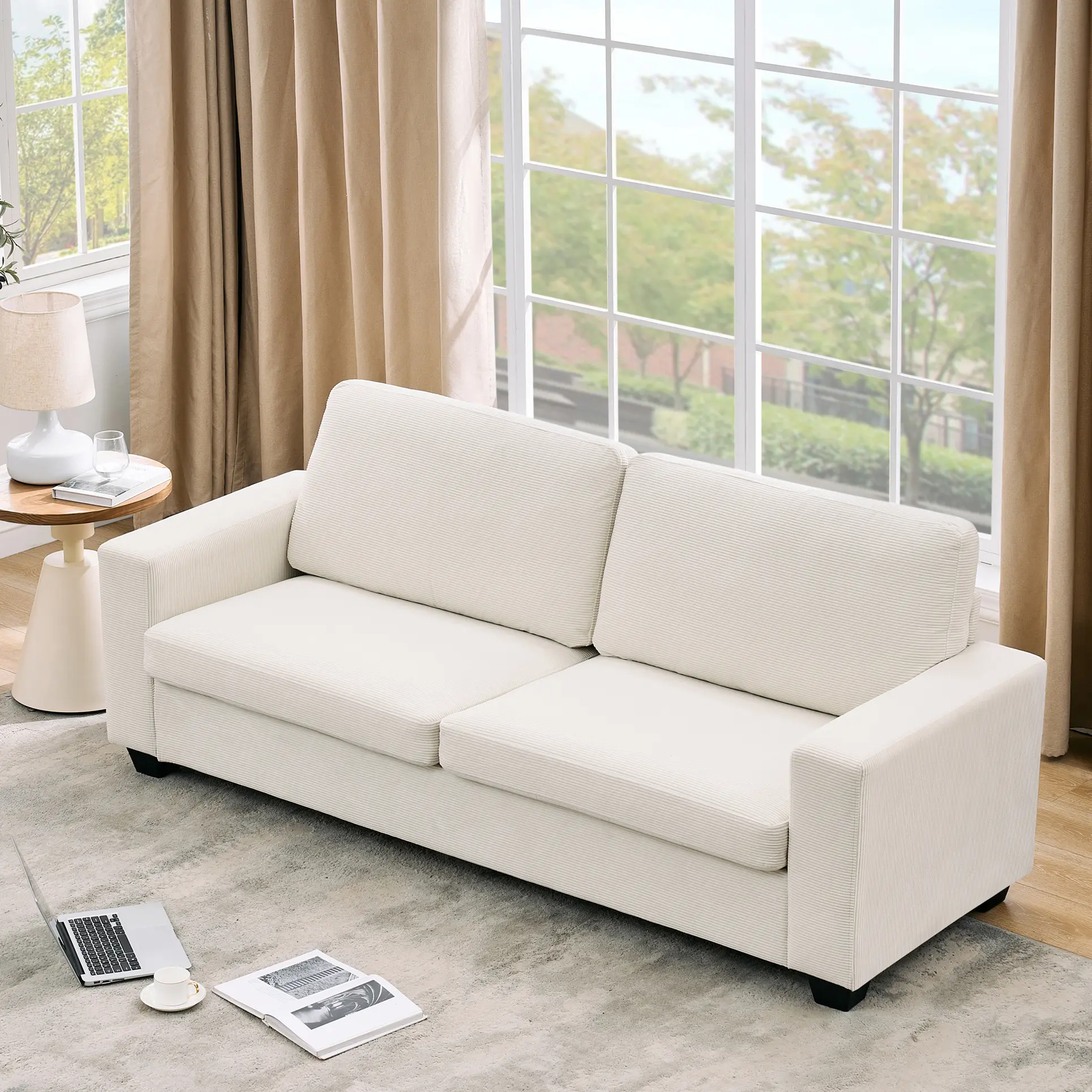 【Christmas Gift】83in Striped Medium Beige Corduroy Upholstered Sectional 3-Seater Modern Sofas Couches, Comfy Deep-Seat Couch with Removable Cover for Living Room, Apartment