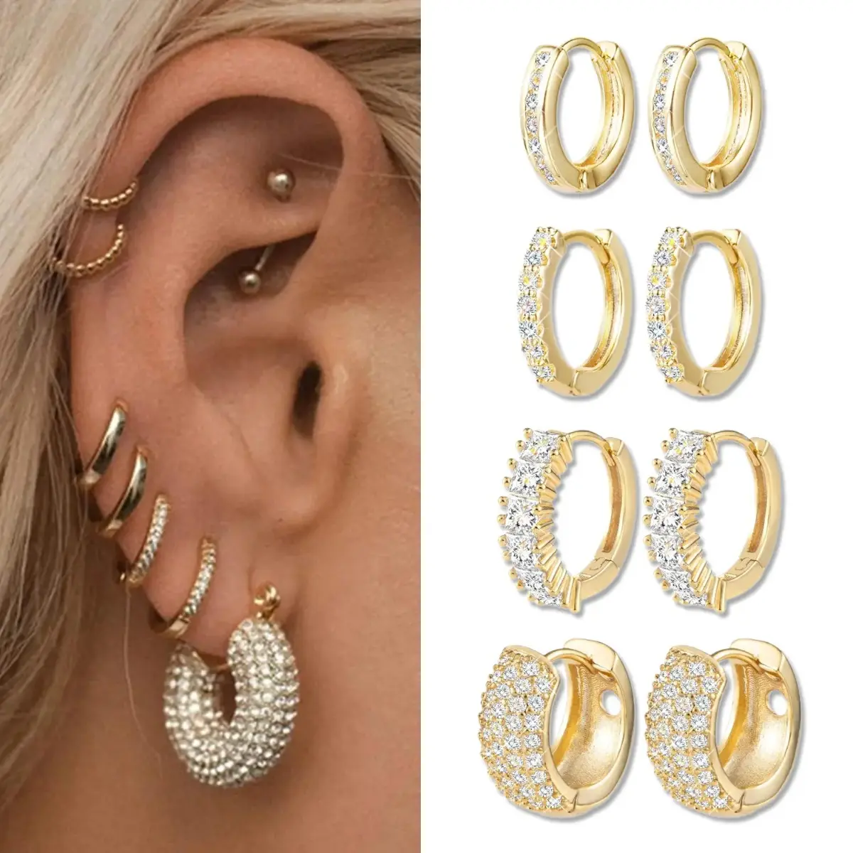 Women's 4 Pairs Gold Hoop Earrings Set - Small Diamond Pave Huggie Earrings with Sterling Silver Posts, Daily Wear Bag Charm Accessory, Reliable Support