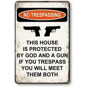 Gun Logo Novelty Metal Aluminum Logo Forbidden Trespassing This Property Subject to God and Gun Logo Garden Yard Home Decoration Farmhouse Art Wall Logo Plaque Size: 8 x 12 inch Hanging Signs Print Stickers