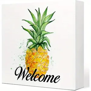 Summer Desk Decor, Summer Pineapple Welcome Wooden Plaque Sign Desk Decor, Rustic Pineapple Wood Block Sign Desk Decorations for Farmhouse Home Kitchen Farm Garden Shelf Table Decor 5x5 inch