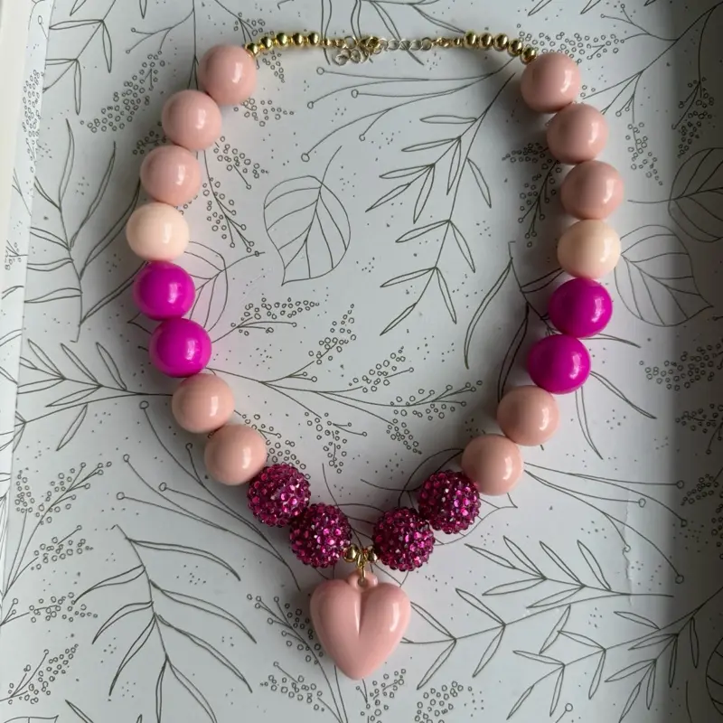 Blush Pink & Hot Pink Statement Necklace with Heart Pendant