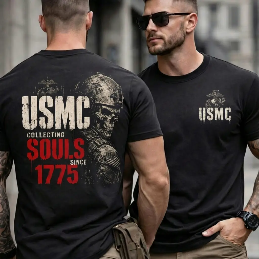 Retro Graphic T-Shirt with USMC 'Collecting Souls' Skull Print, Soft Breathable Unisex Top for Everyday Fashion and Military Gifts, M, Apparel, Shortsleeve, Fabric, Menswear