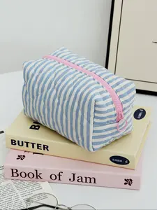 1PC Blue Striped Quilted Makeup Bag, Vintage Vanity Bag, Large Capacity Portable Zipper Pouch, Travel Essential Organizer for Women, Nurses, Students, Gifts