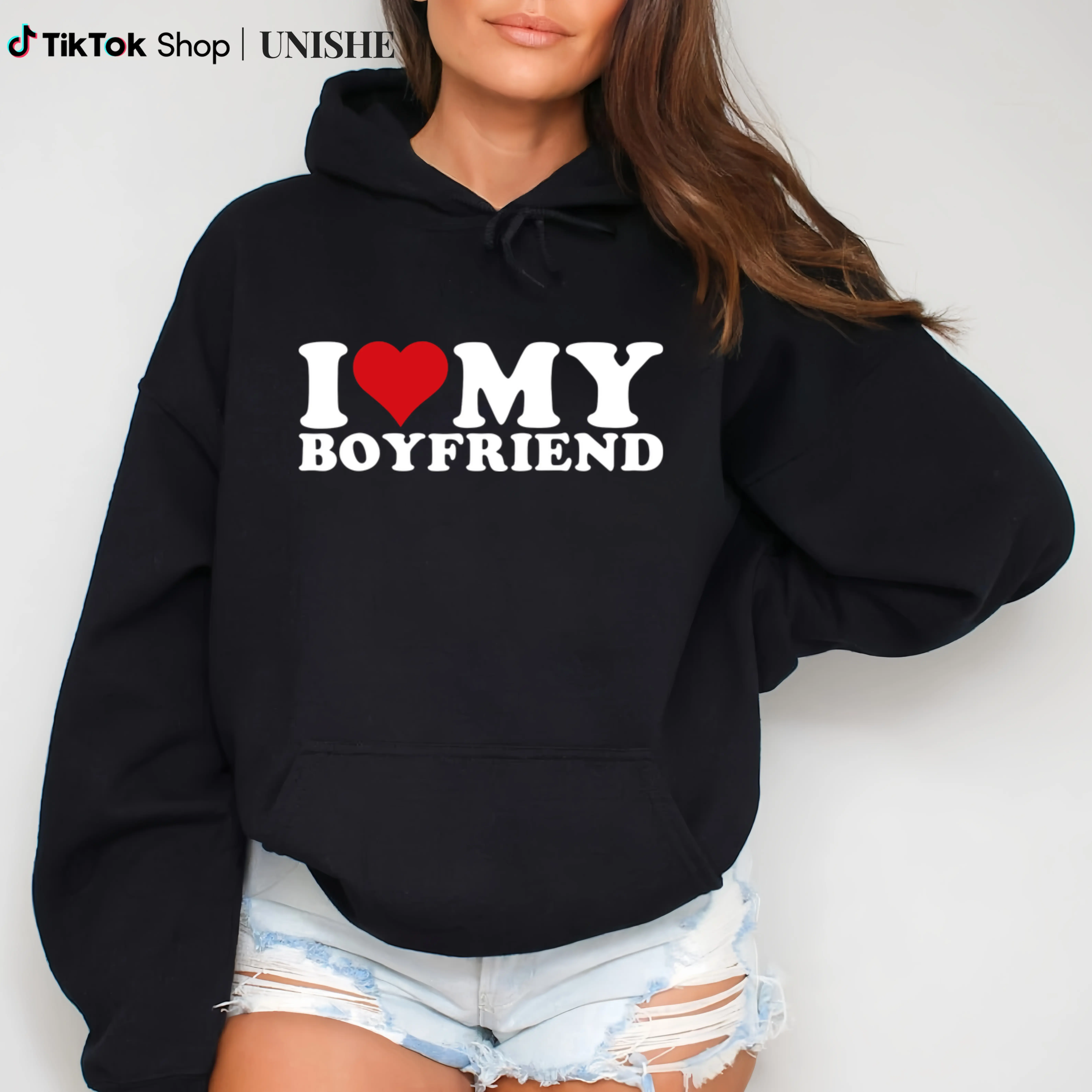 I Love My Boyfriend Heart Print Hoodie for Couples – Casual & Stylish Long Sleeve Fabric Womenswear Straight Sweatshirts Tops Pullover Soft
