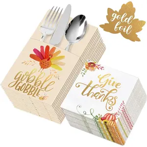 Thanksgiving Napkins - 54 Pack Gold Foil Napkins Paper (36 Pcs) with Cutlery Holders (18 Pcs) - Give Thanks Table Decorations for Autumn Fall Harvest Wedding Dinner Party Disposable Centerpiece Decor ORIENTAL CHERRY