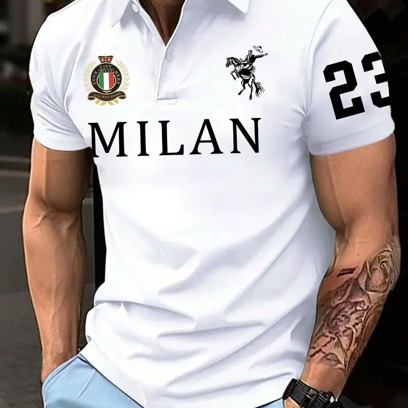 Men's Regular Fit Letter & Horse Print Shirt, Casual Short Sleeve Collared Top for Summer, Fashion Men's Clothes for Daily Wear, Athletic Buttoned Polo Shirt