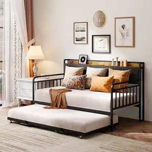 【2 Packages Shipping】Gizoon Daybed with Trundle, Twin Bed Frame with Upholstered Headboard and Charging Station, Sturdy Metal Sofa Bed with Steel Slat Support for Living Room, Bedroom and Guest Room, Grey