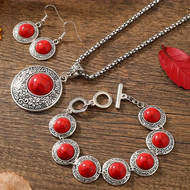 3pcs set of European and American ancient ethnic style bright red turquoise necklace set