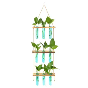 3-Tier Hanging Plant Propagation Station - Boho Wall Decor Wooden Planter with 9 Blue Glass Test Tubes