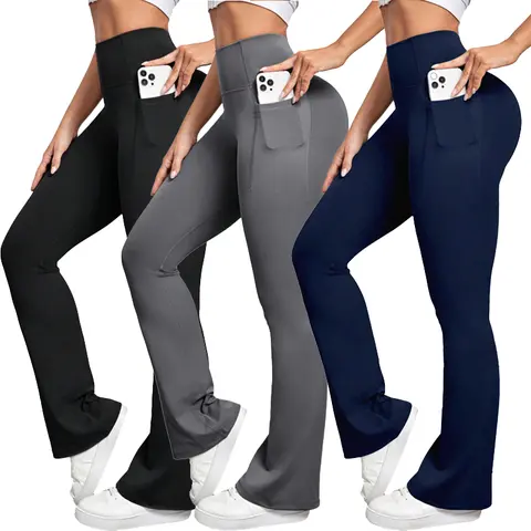 Women's High-Waisted Flare Leggings - Body Shaping, Tummy Control, Slimming, Comfy, Stretchable Polyester-Elastane Fitness Activewear with Side Pockets, Long-Length Bottoms for Gym & Casual Wear