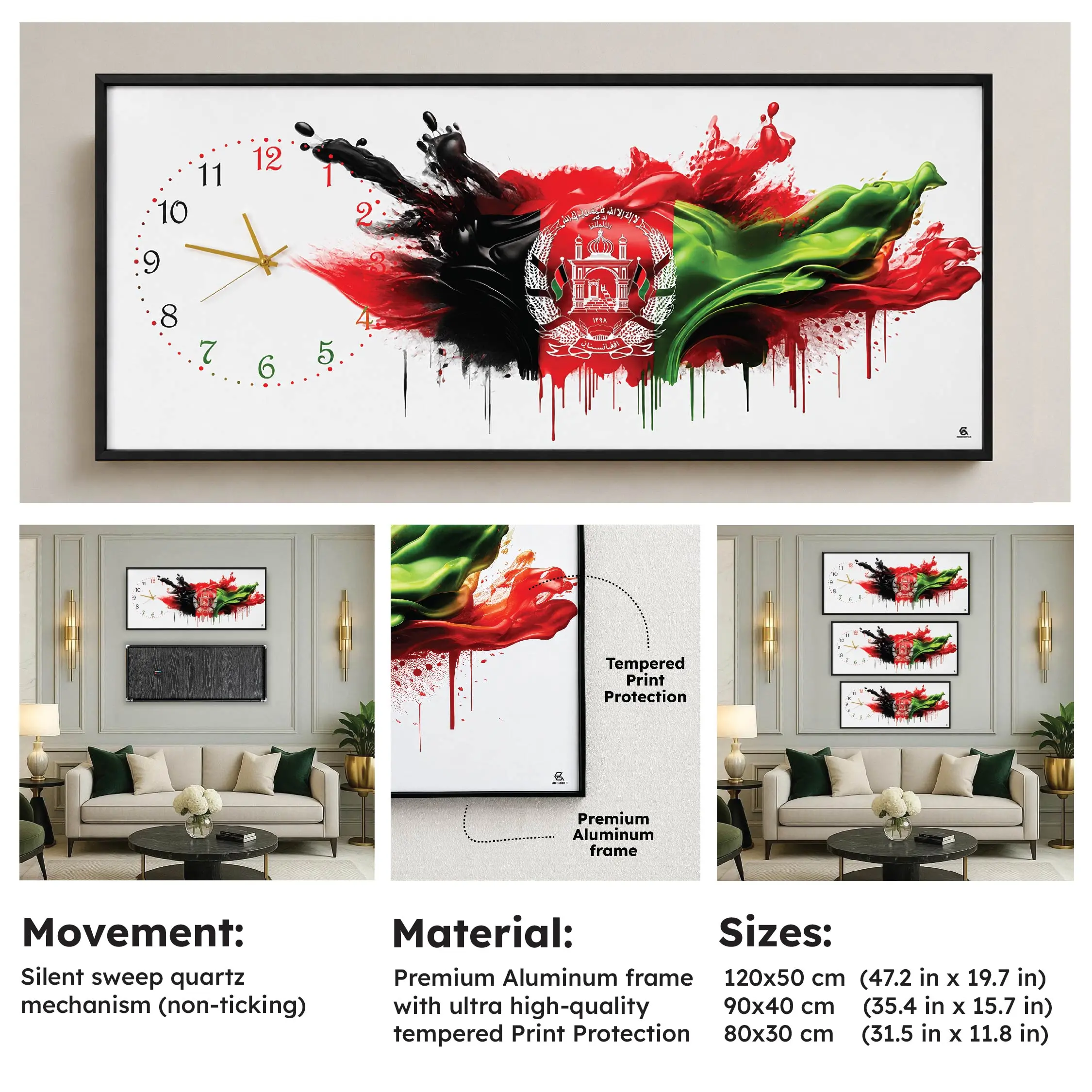 Afghanistan National Flag Wall Clock Crystal Porcelain Aluminum Frame Splash