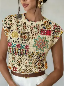 Women's Boho Ethnic Patchwork Geometric Floral Print Round Neck Sweater, Casual Loose-Fitting Knit Top, Breathable Summer Fashion