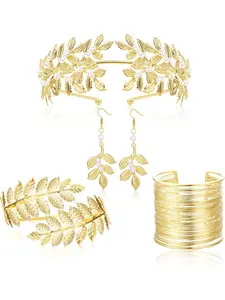 Greek Goddess Costume Accessories for Women Gold Headpiece Upper Arm Cuff Bracelet Dangle Earring Goddess Gold Jewelry Set for Bridal Wedding Toga Party
