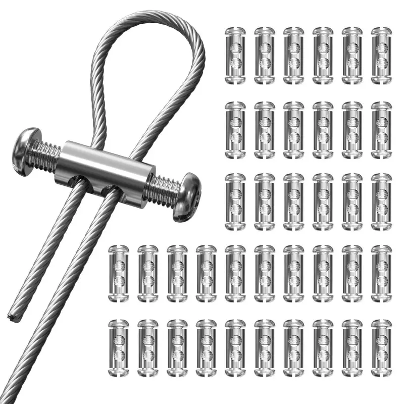 50 Wire Clamp Silvery Stainless Steel Rope Clamps with Clips + Screws, 100 Threaded Screw Fittings, Reusable Double-Hole Cable Crimping Rings, Adjustable for 1 - 2.5 Mm Wires, for Kitchen Specialty Utensils, Clotheslines