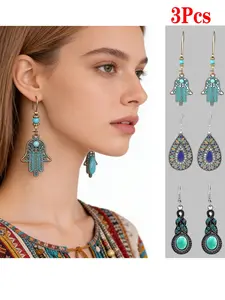 Boho Turquoise Earrings Set of Three, Perfect for Women's Daily and Festival Wear, Ideal Fashion Accessory for Stylish