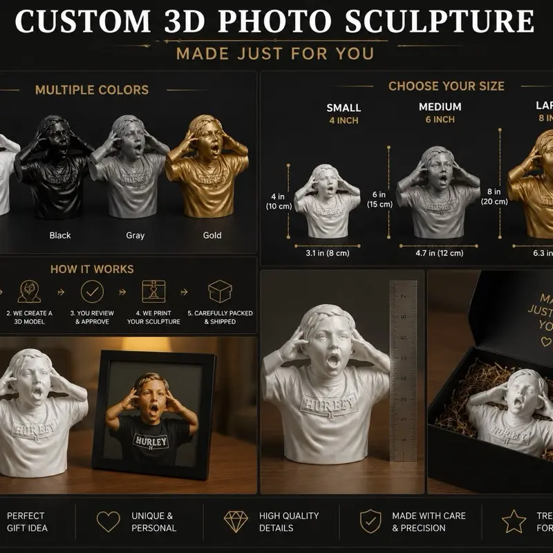 Custom 3D Printed Bust from Your Photo | Personalized Sculpture | Unique Gift for Him & Her