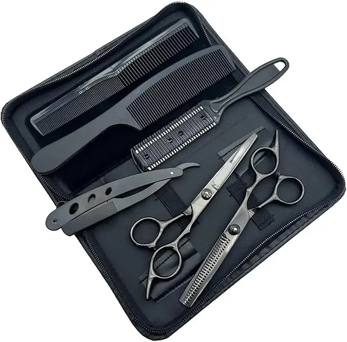 Professional Hairdressing Scissors Set, 6-Inch Black Stainless Steel Shears for Adults, Unisex Cutting & Thinning Kit for Barber Shops or Home Use, A Cost-Saving Salon Alternative, Cost-Saving Alternative To Salon Trips, Smoothing, Daily, Thinning Blades,