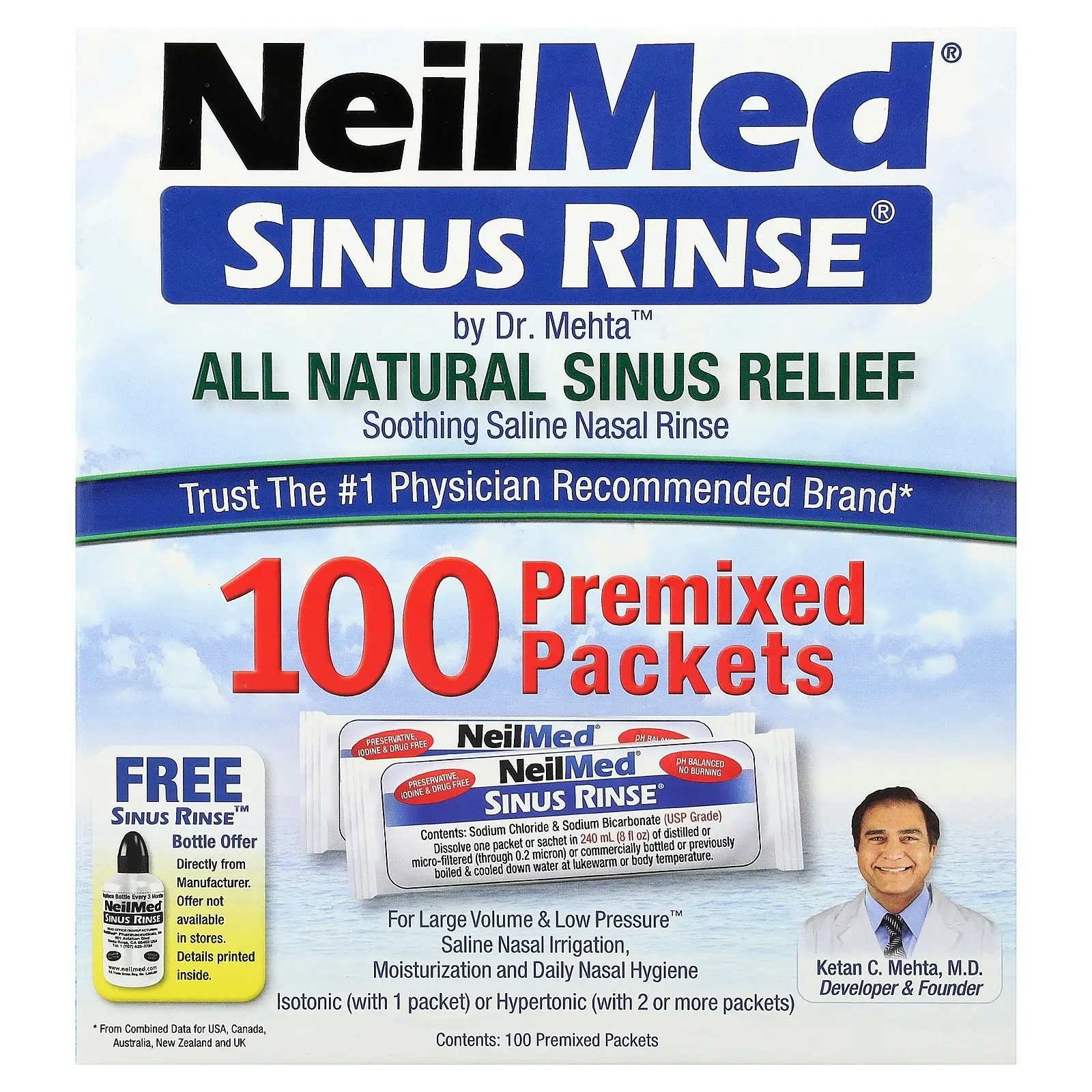 NeilMed Sinus Rinse®, All Natural Sinus Relief, 100 Premixed Packets | HSA/FSA Eligible