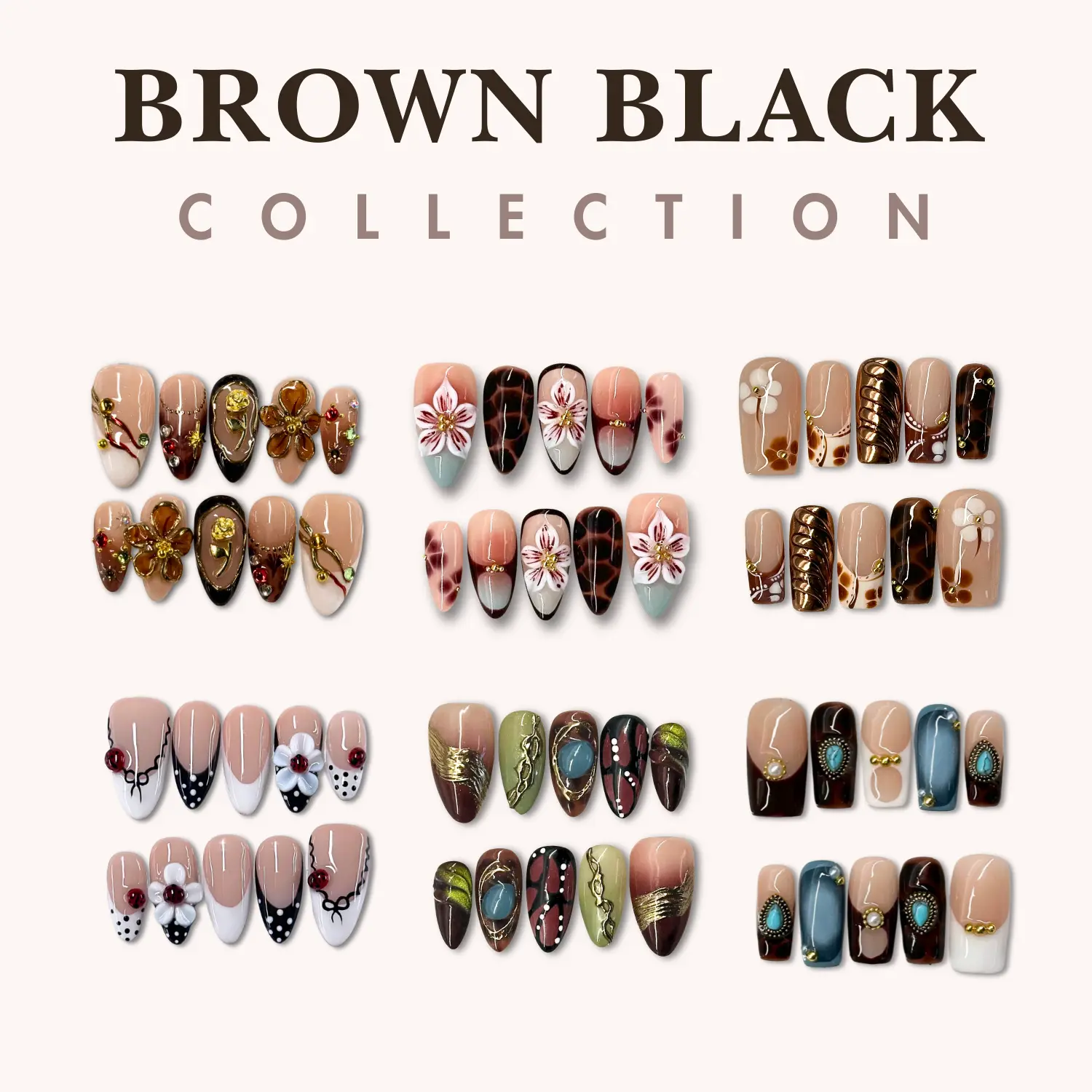NailPhoria BROWN / BLACK Collection- Handmade Press-On Nails | Reusable, Salon-Quality, Long-Lasting, Glossy Design