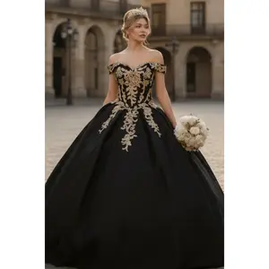 Black And Gold Quinceanera Dresses Floral Ball Gown