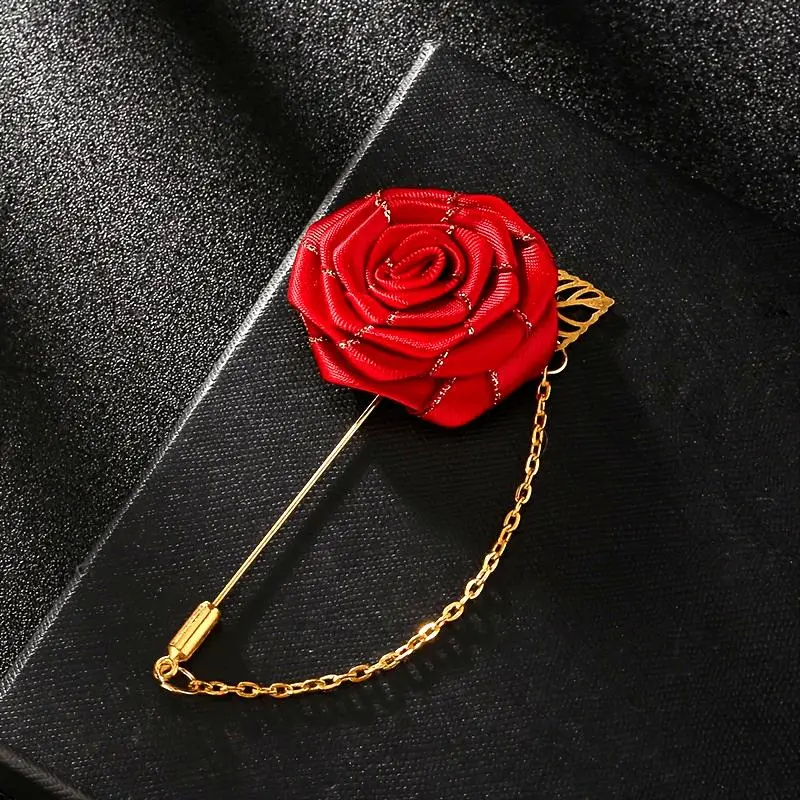 1pc Men Cloth Rose Flower with Golden Leaf Brooch. Red Blue Rose Floral Lapel Stick Handmade Boutonniere Pins for Suit, Lapel Pin Wedding Brooch