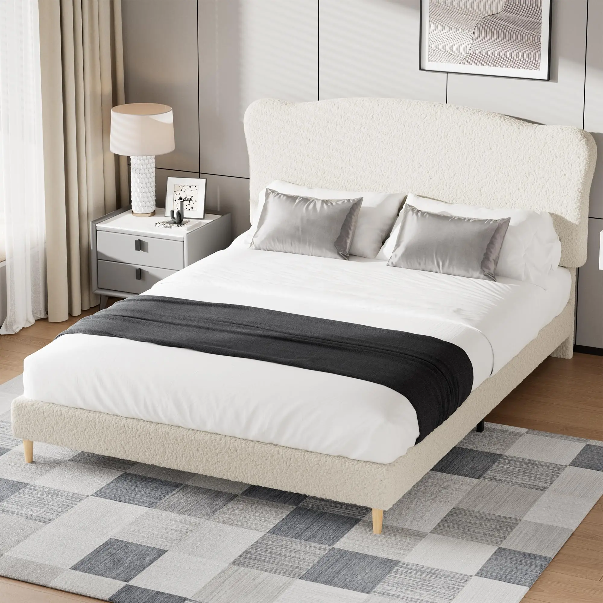 Twin Kids Furniture Bedroom Upholstered Platform Bed Frame - Boucle & Camo Fleece Upholstery, Adjustable Headboard, Soft Rounded Corners, No Box Spring Needed, Easy Assembly, Upholstered Platform Bedframe