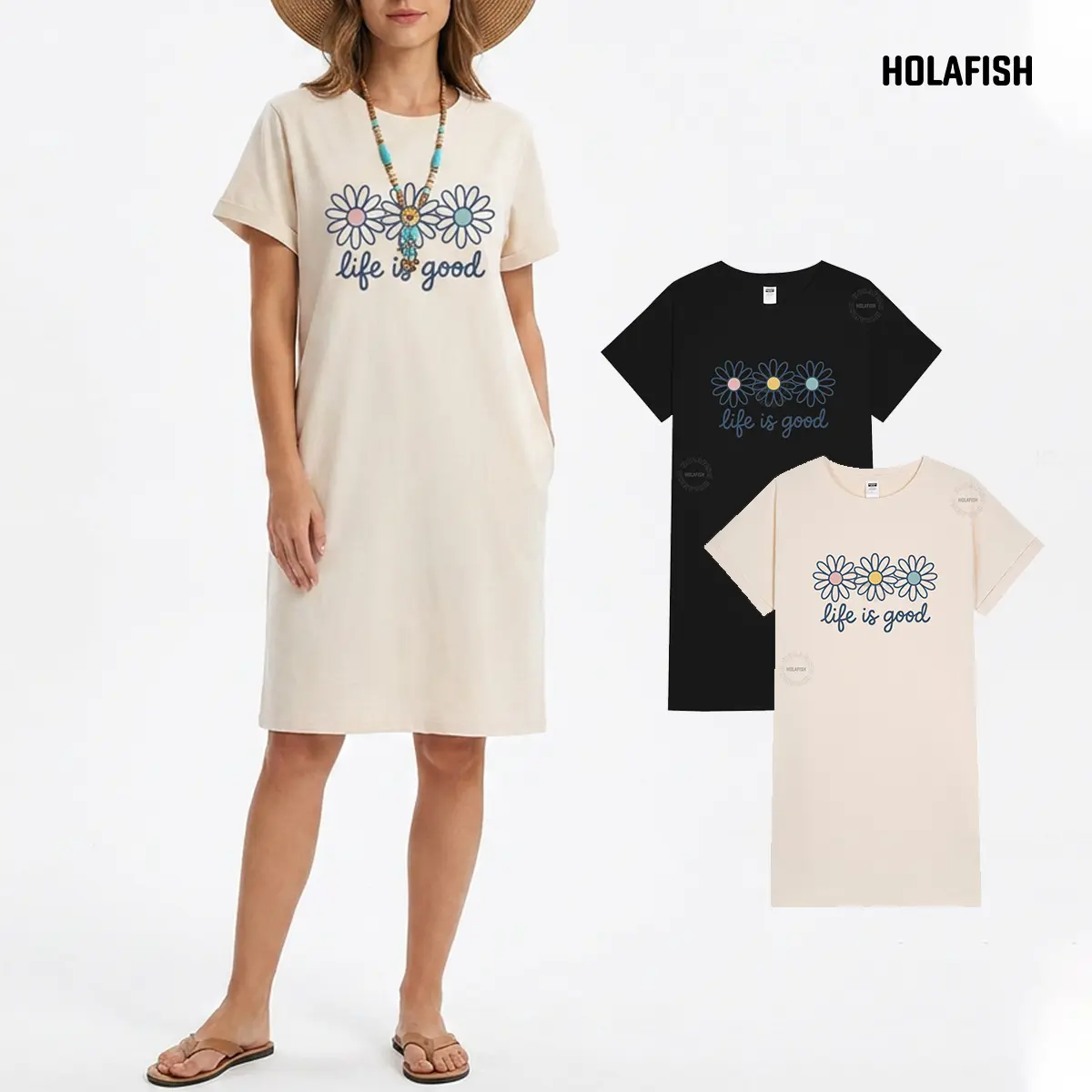 Holafish Women's Minimalist Solid Short-Sleeve Crew Neck H-Type Midi T-Shirt Dress - Lady's Casual Wear, Polyester Soft Breathable Milk Silk Fabric, Loose Straight Fit, Rolled Cuff, for Beach & Going Out, Do Not Dry Clean, Round Neck