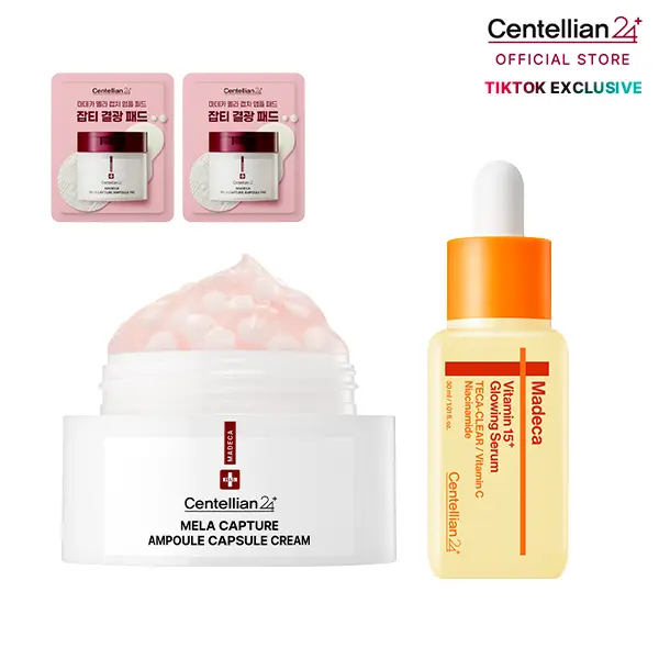 [Centellian24] Glow-Up Radiance Duo Skin Care Set - Madeca Mela Capture Ampoule Capsule Cream 55ml + Madeca Vitamin 15+ Glowing Serum 30ml, Multi-Pack Skin Brightening Kit with Alpha-Arbutin, Contains Alcohol, Hyaluronic Acid for Hyperpigmentation, Skin C