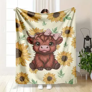 Cute Highland Cow Flannel Blanket Sunflower Print Soft Cozy Plush Lightweight Warm Throw Blanket for Sofa Bedroom Living Room Office Nap Gift Decor Use summerwins