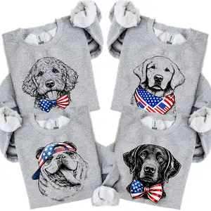 Puppy Love Dog Sweatshirt Showcasing 50 dog breeds in 4th of July Graphic Sport Grey Color, Cute Puppy Independence Day Shirt for Dog Lovers, printed on a cozy Gildan unisex crew pullover for pet lovers.