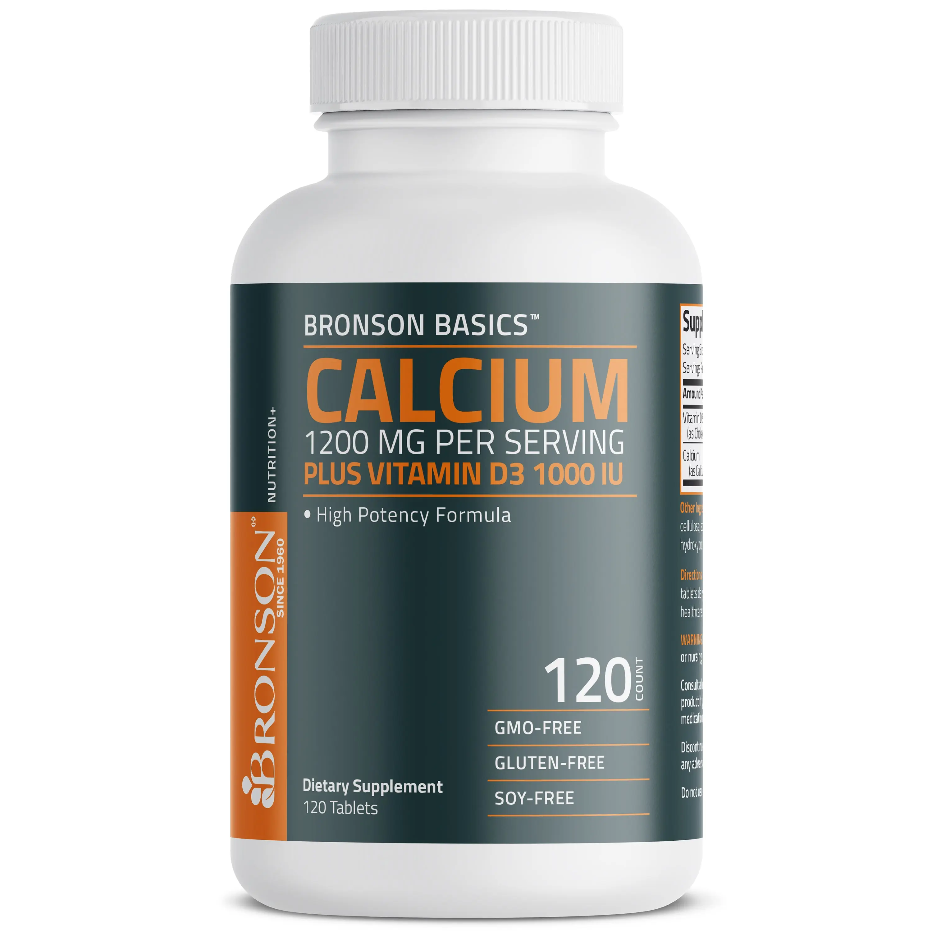 Bronson Labs Calcium 1200 MG with Vitamin D3 1000 IU Dietary Tablets, Gluten-Free, GMO-Free, 120 Count Minerals for Adults’ Joint and Bone Health Support