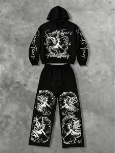 Trendy Y2K Gothic Two-Piece Set Outfit, Angel Graphic Hoodie & Loose-Fit Pants, Streetwear for Daily Wear & Parties Clothes