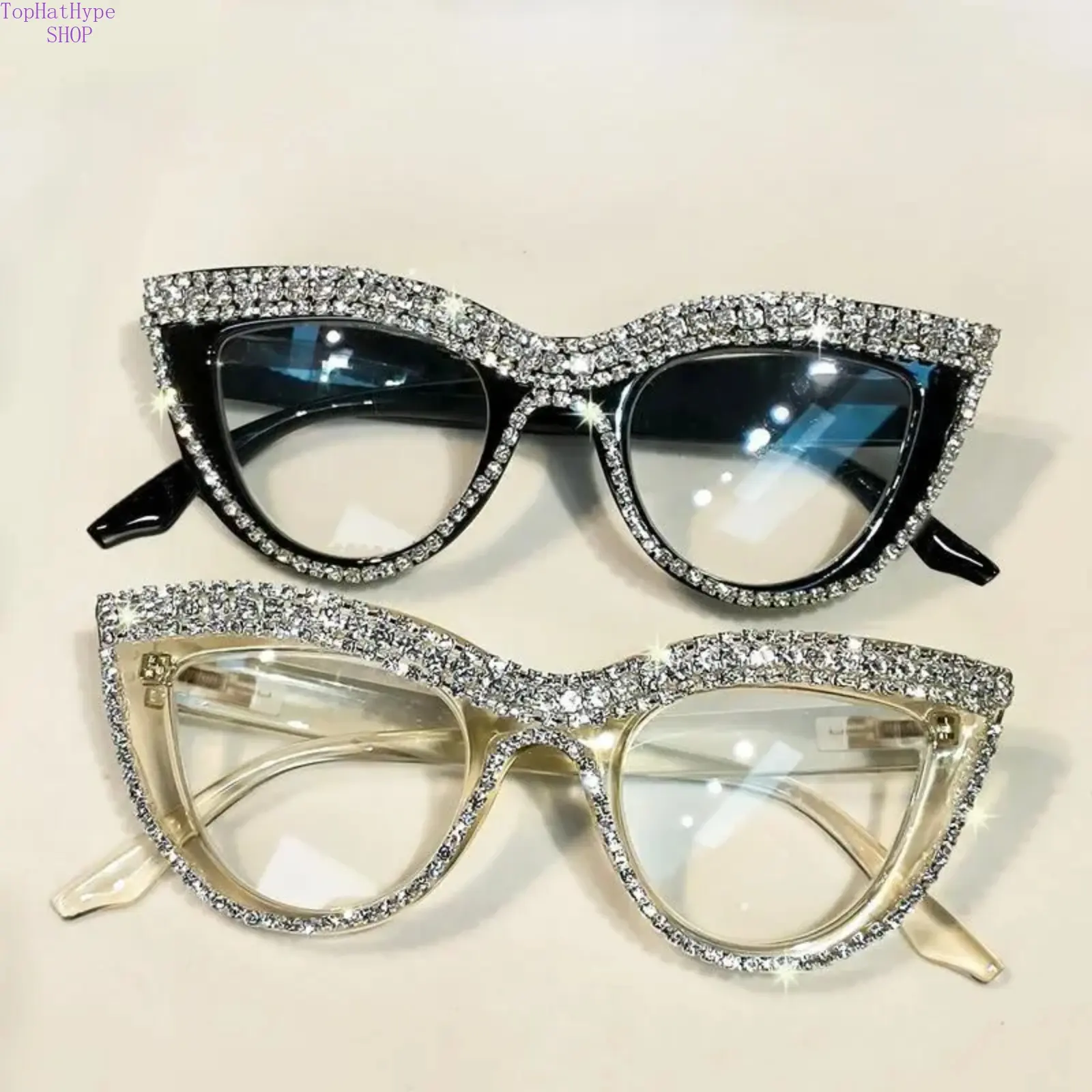 2PCS Cat Eye Rhinestone Blue Light Blocking Glasses for Women, Elegant Full Frame Eyewear with Sparkling Crystal Decor, Clear Polycarbonate Lenses, Anti Eyestrain Computer Glasses for Daily Office, Study & Screen Time Protection