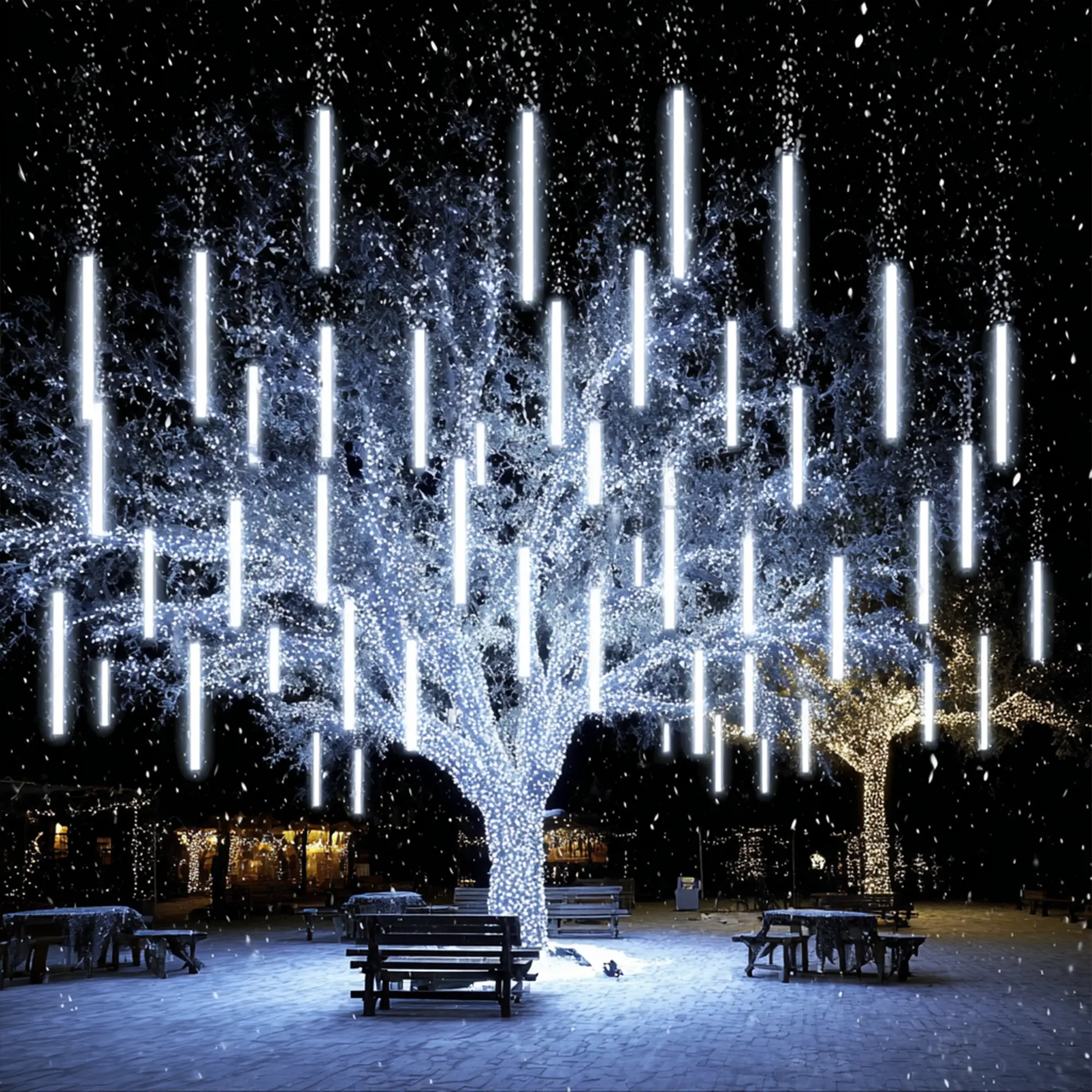 Meteor Shower Rain Lights - 288 LED Rain-Like Motion Lights with 8x11.8in Tubes, Plug-In Outdoor Decoration Party Supplies with Festive Tree Sparkle & Rainy-Night LED Display (Warm White/Blue/White)
