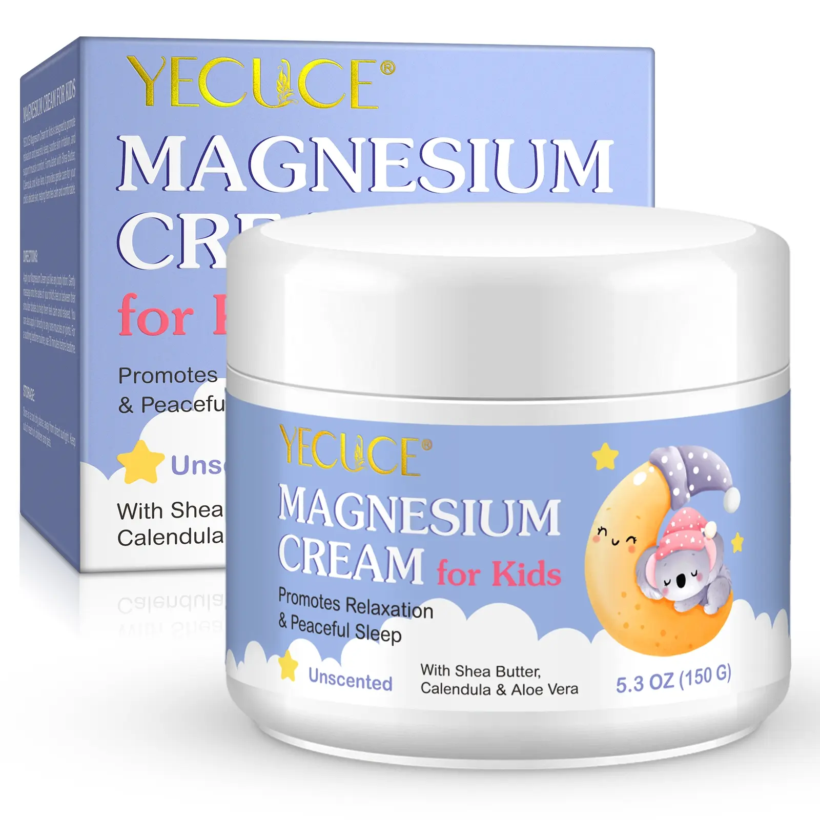 YECUCE Children's Magnesium Cream 150g, Skin Care Products, Toddler Bedtime Lotion, safe and fragrance-free, contains shea butter, calendula and aloe vera. This body care cream promotes relaxation and is best used before bedtime.