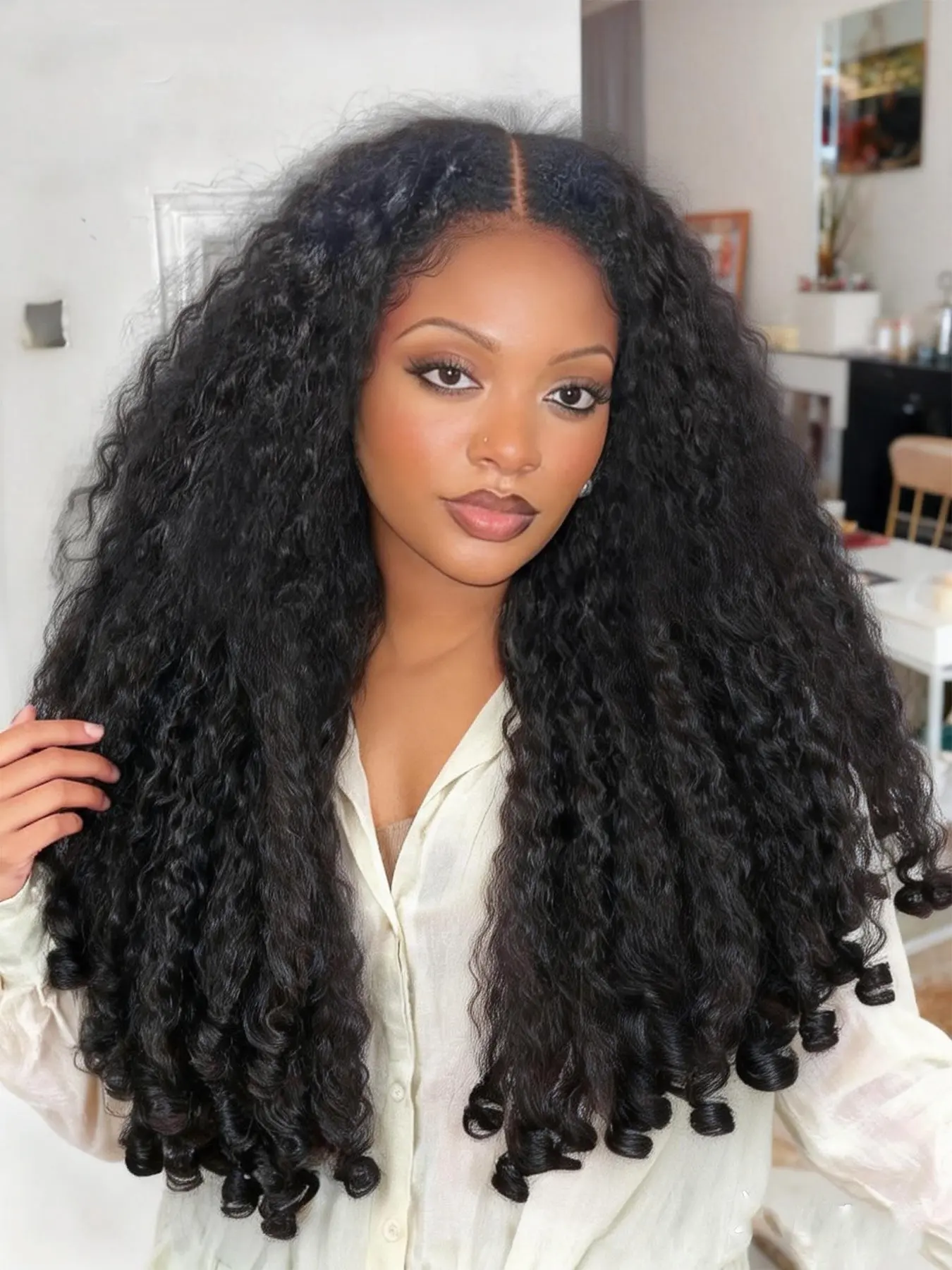 Long Kinky Curly V Part Wigs for Women, Gorgeous Fluffy Natural Looking Synthetic Wig without Bangs,Effortless Beauty Wig for Daily,Party Use, Fashion Fluffy Wigs, Artificial Wig, Synthetic Hair Wig