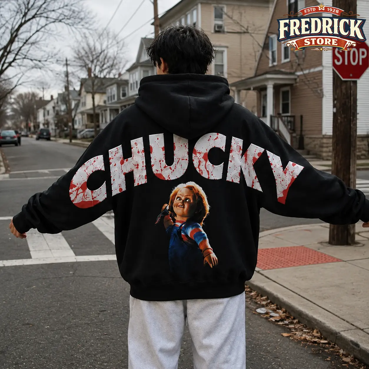 Retro Chucky Horror Movie Shoulder-to-Shoulder Back Lettering Sweatshirt Hoodie, Vintage Spooky Halloween Hoodie Streetwear, Spooky Season, Gift for Him and Her, Vibes