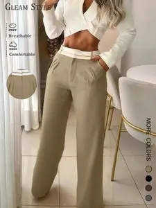 Women's Fashion Casual Solid Plain Woven Pants, Fitted Colorblock Waistband, Comfortable High-Quality Fabric for All-Season Wear, Casual Streetwear Pants, Everyday