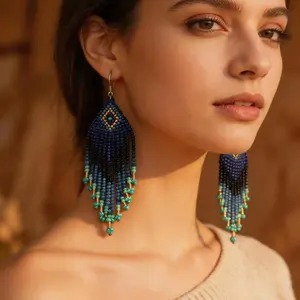 Female Navy Blue Turquoise Beaded Tassel Drop Earrings - Handmade Long Seed Bead Fringe Dangle Jewelry, Boho Ethnic Statement Piece for Festival Parties, 2026 Gift