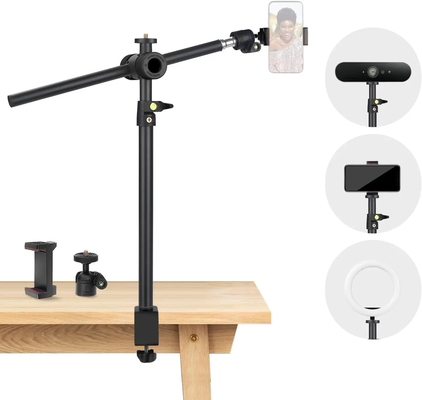 Overhead Camera Mount Desk Stand, Camera Arm Desk Mount Clamp Stand with 360Adjustable Magic Arm, Webcam Arm Mount Stand w Ballhead Phone Mount for Desk  Microphone Video Light Cell Phone