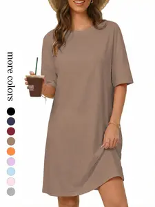 Women's Long T-Shirt Dress, Ruched Design, Loose-Fitting Y-Shape, Short Sleeve, Plain Pattern, Organic Textile, All Seasons