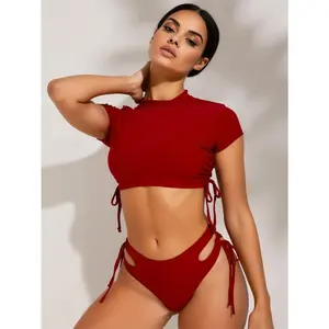 2026  Red Two Piece Swim Set | High Neck Crop Top with Cutout Side Tie Thong Bottoms for Pool Party