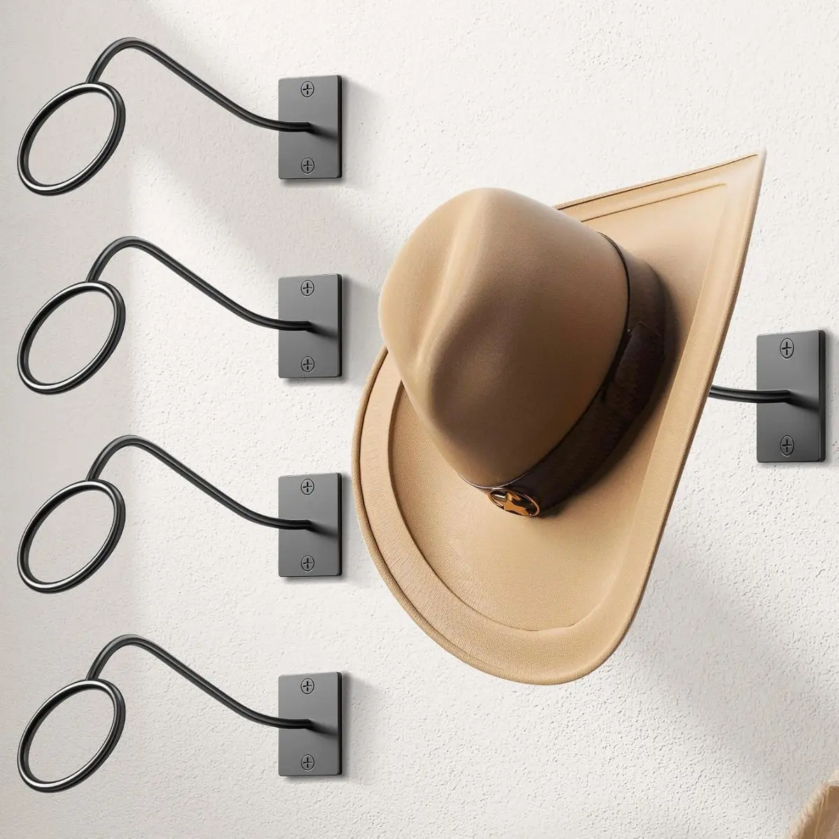 4 Pack Cowboy Hat Rack for Wall – Rustic Metal Hat Holders for Cowboy, Fedora & Wide Brim Hats