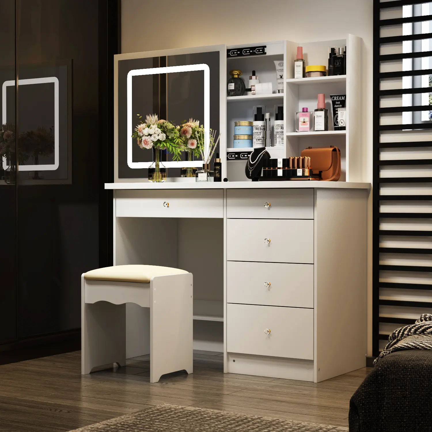 FUFU&GAGA Large Sturdy LED Makeup Vanity Table Set for Mother, Dressing Desk with Sliding Lighted Mirror, Sliding Door Hidden Shelves, Ample Storage, and Cushioned Stool for Makeup Organization, Vanity Aesthetic, Wife