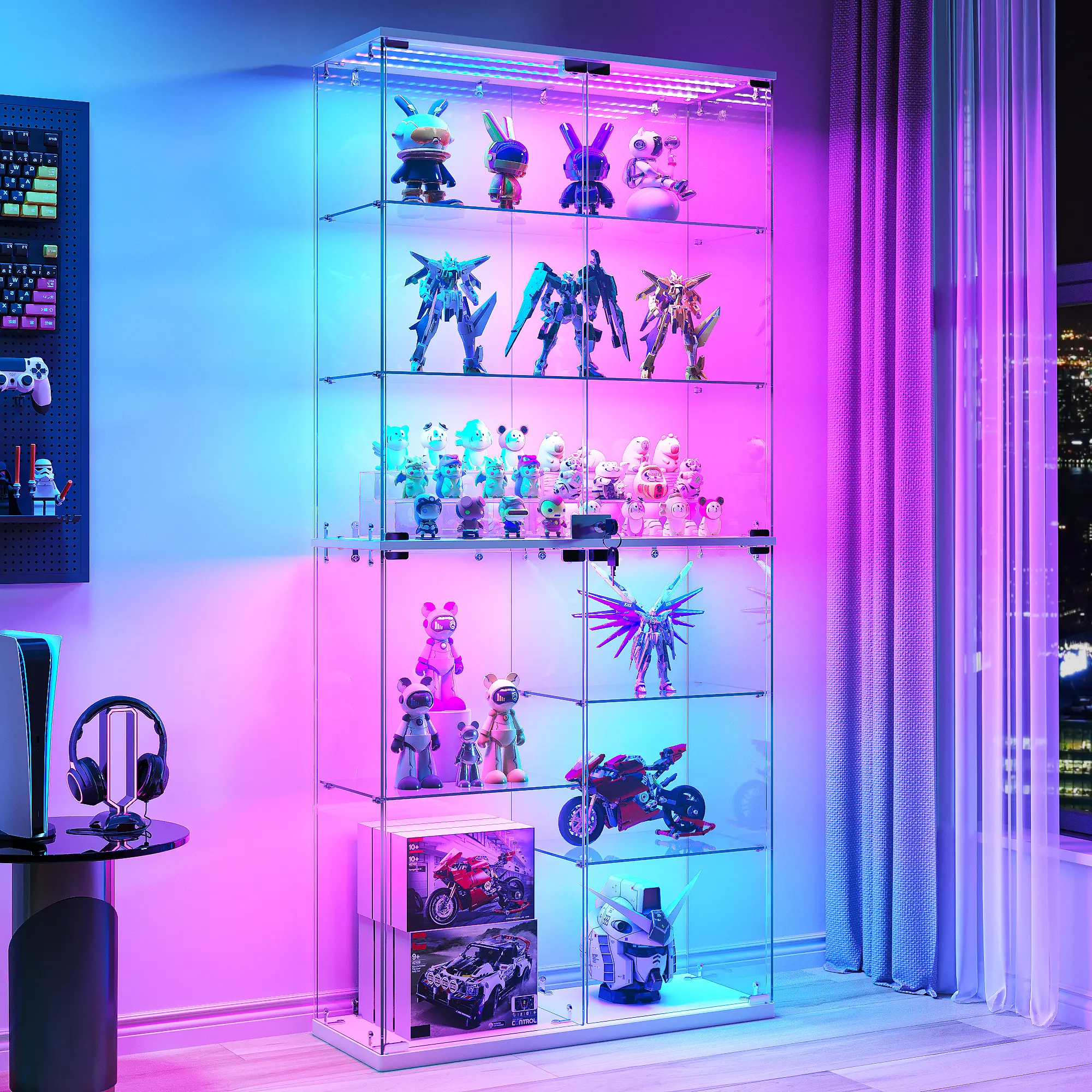 FREDEES Modern 8-Tier RGB Lighted Glass Display Cabinet | Collectible Display Shelf, 360° Transparent View, Motion Sensor LED Lighting, Lockable Glass Doors, Anti-Tip Design, Assembly Required