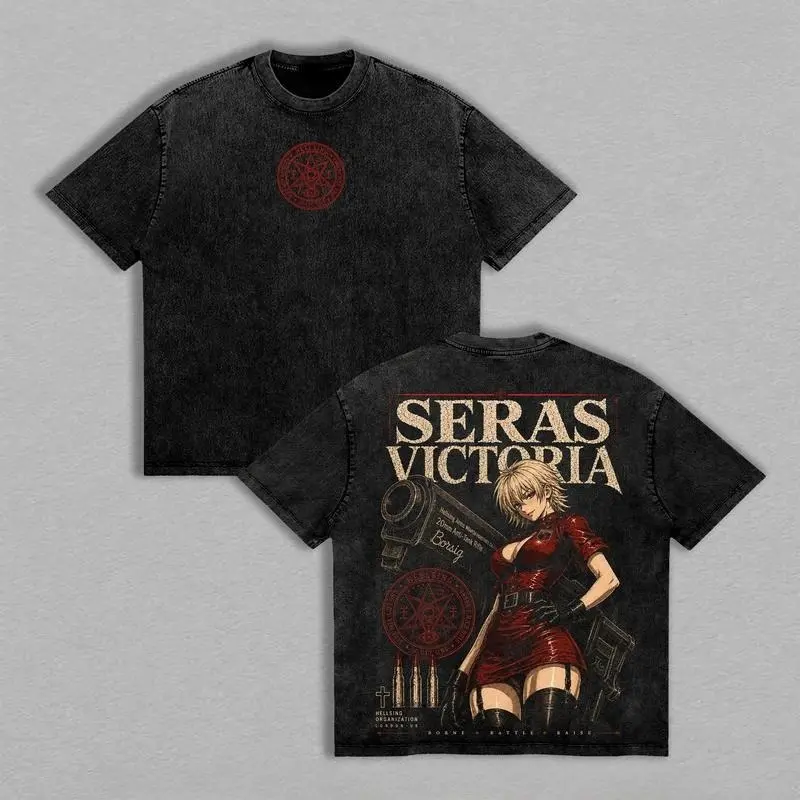 Seras Victoria Hellsing Vampire Heroine Double Print Vintage Tee Gothic Battle Anime Graphic Heavy Cotton Oversized Short Sleeve Unisex Grunge Streetwear Casual Daily Party Adult Fashion Top