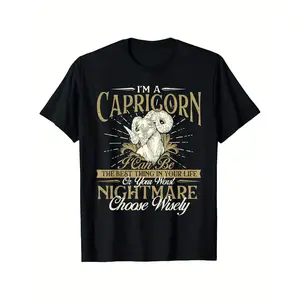 Men's Oversized Capricorn Zodiac Top - 100% 180gsm Heavyweight Comfy Shortsleeve Round Neck Casual Streetwear Retro Astrology Graphic Tee with Capricorn Symbol & Traits, Black Unisex 100% Cotton Fabric Shirt