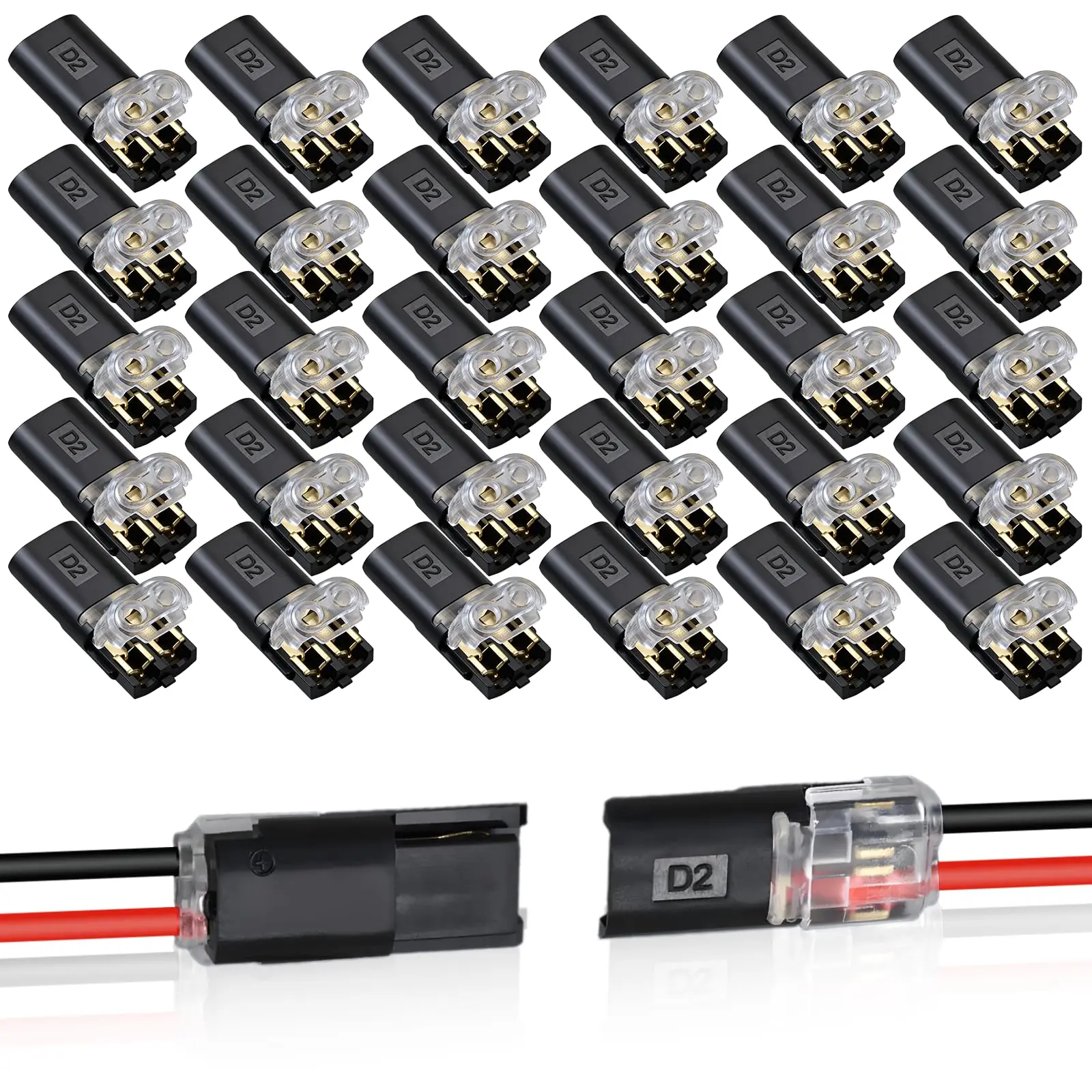 40PCS Double Wire Plug in Connector,Pluggable Low Voltage Wire Connector with Locking Buckle,2 Pin Quick Disconnect Connectors for Led Light Strip,DIY and Repair,No Wire Stripping Cutting 18-22AWG